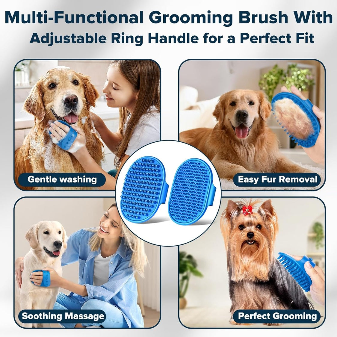 Blue handheld pet bath brushes shown during supervised dog washing and grooming