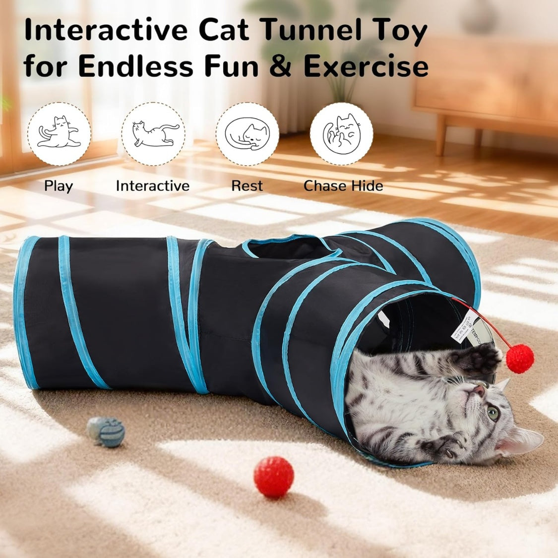 Cat resting in the black and turquoise three-way play tunnel with peek opening and hanging ball