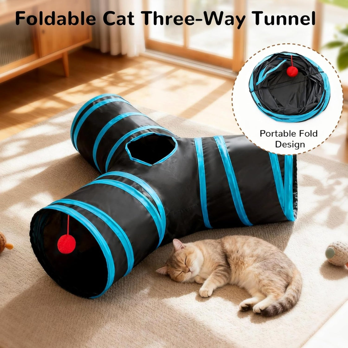 Black and turquoise three-way cat tunnel shown open and folded flat for storage