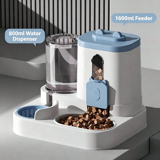 Blue compact gravity pet feeder with food hopper and water reservoir