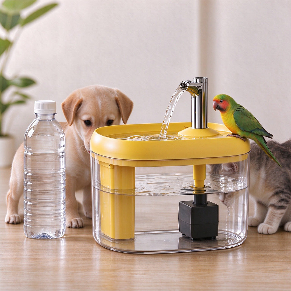 Illustration of the yellow pet water fountain with a transparent reservoir, shown beside pets and a bottle