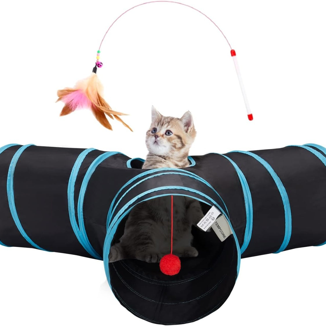 Black three-way cat play tunnel with turquoise trim, hanging ball and teaser wand