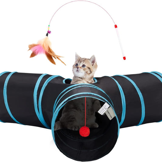 Black three-way cat play tunnel with turquoise trim, hanging ball and teaser wand