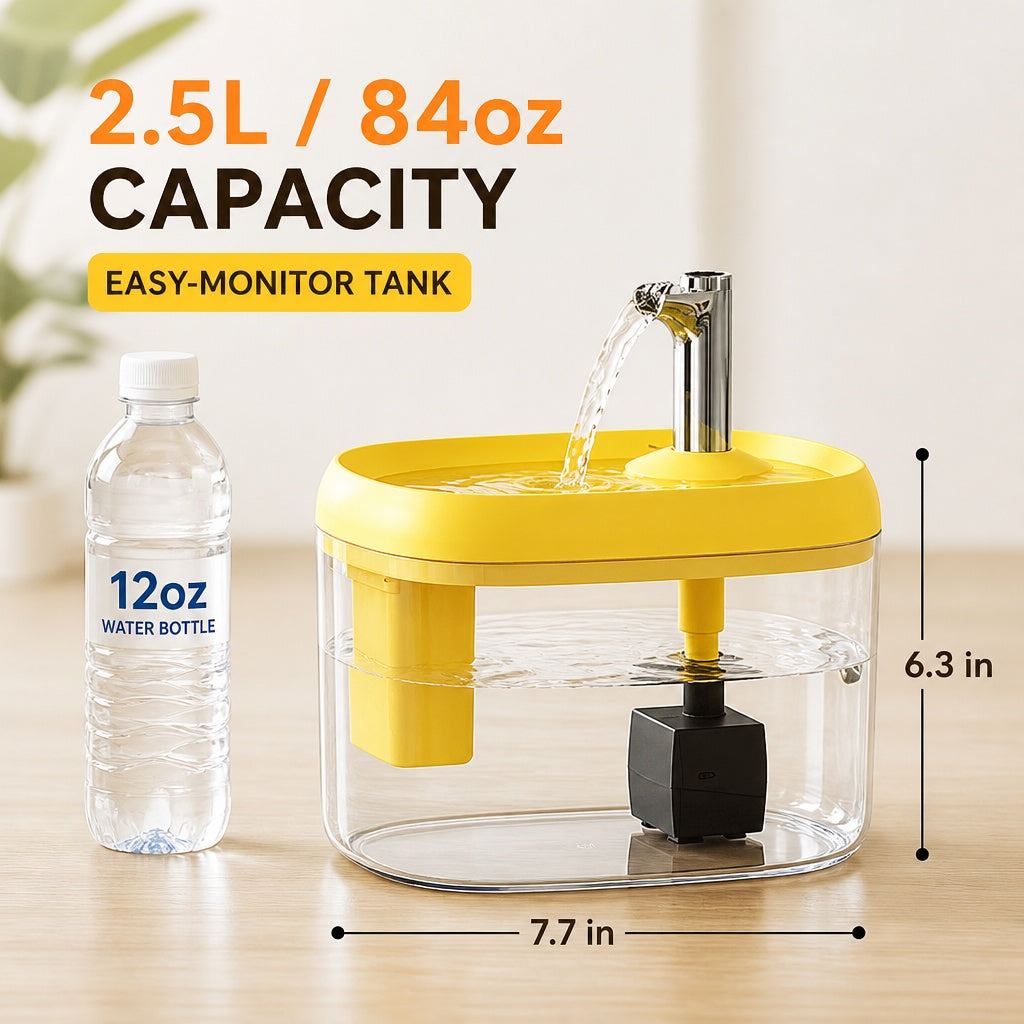 Product diagram of the 2.5L yellow water fountain showing a transparent tank, 7.7-inch width and 6.3-inch height