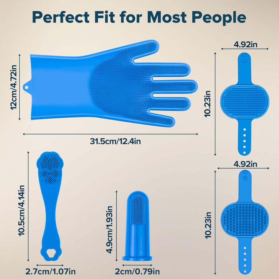 Dimensions of the blue grooming gloves, bath brushes and finger toothbrushes in the six-piece kit