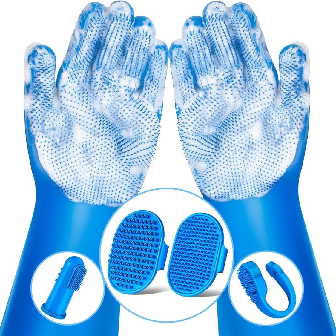 Blue six-piece pet bath kit with two grooming gloves, two hand brushes and two finger toothbrushes