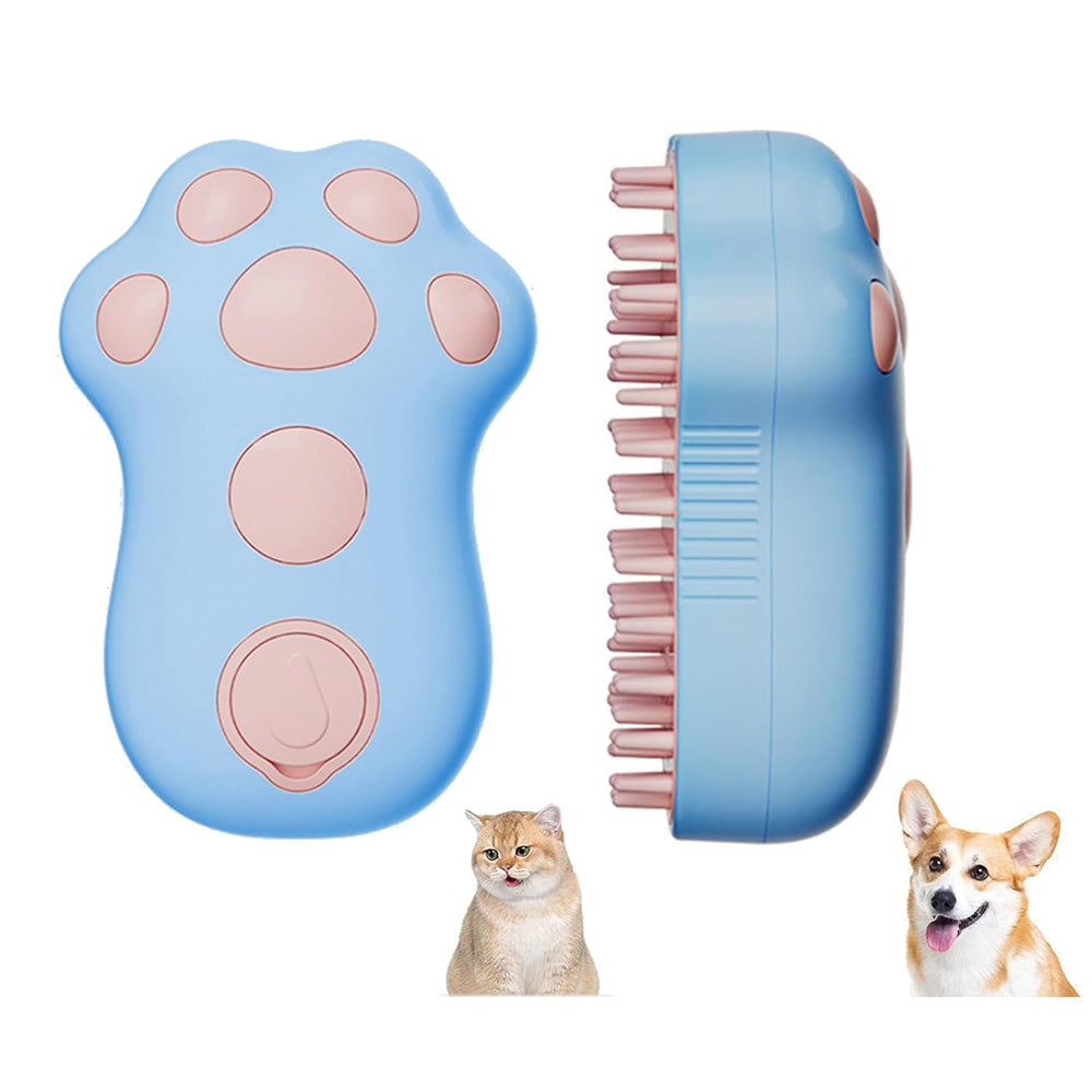 Blue paw-shaped rechargeable misting brush, front and side views