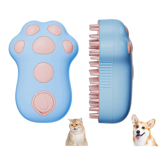 Blue paw-shaped rechargeable misting brush, front and side views