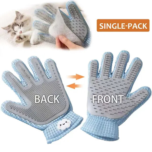 Single double-sided pet grooming glove, showing textured grooming and fabric cleanup sides